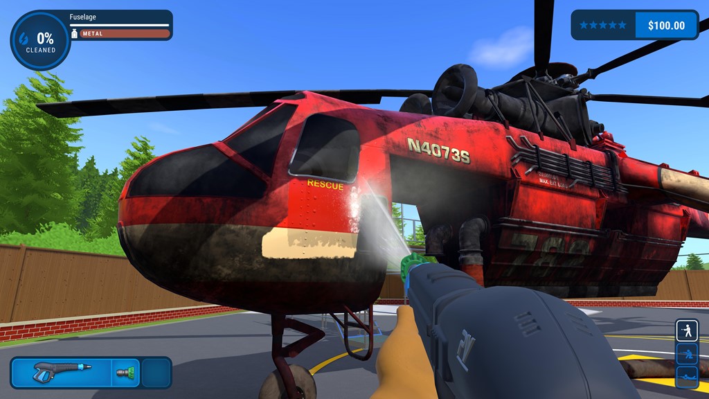 Ein Screenshot aus dem Powerwash Simulator. Jemand reinigt einen Helikopter.