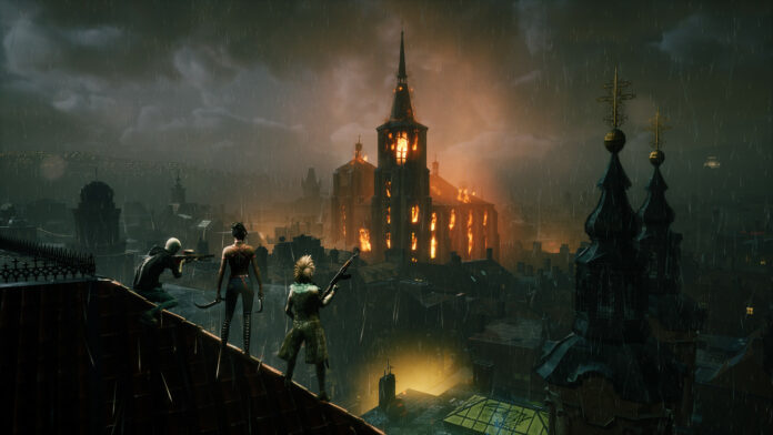 Drei Vampire die im Regen bewaffnet auf einem Häuserdach stehen, im Hintergrund eine brennende Kirche