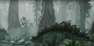 Ein Dinosaurier in einem dichten Wald, trinkt an einem Fluss