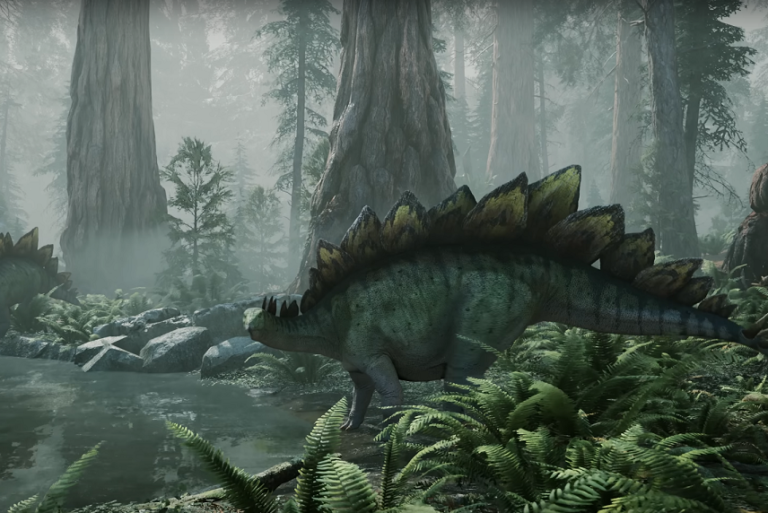 Ein Dinosaurier in einem dichten Wald, trinkt an einem Fluss